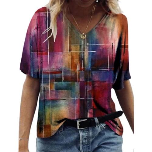 Summer T-shirt Clothes For Women Casual 3d Abstract Painting Printed V-neck Short Sleeve Tops Plus Size Streetwear Top Ladies