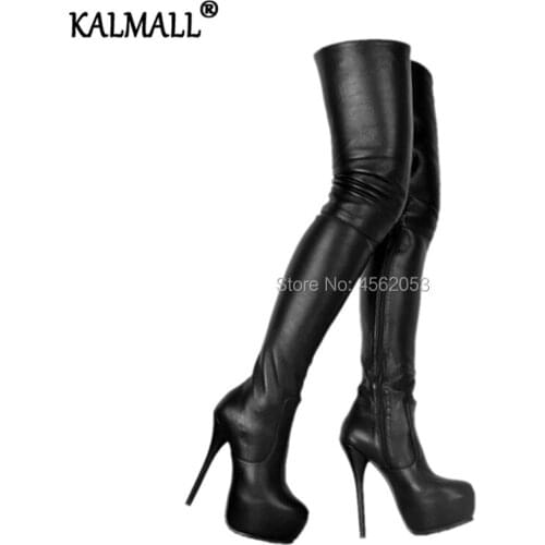 KALMALL Plus Size 45 Slim Sexy Runway Shoes Lady Stiletto Sky High Heels Overknee Booties Black Stretch Leather Platform Boots