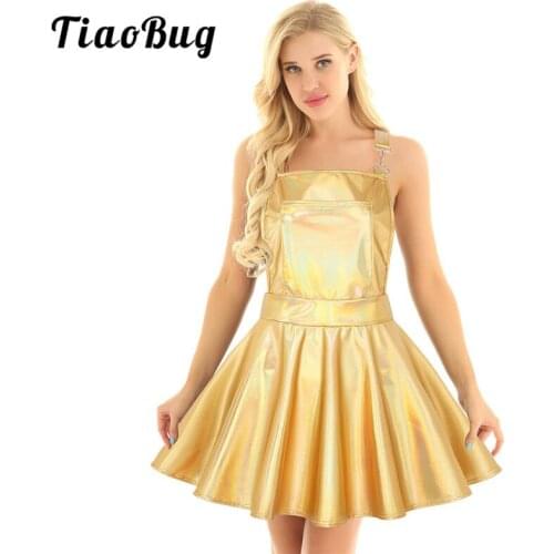 Women Shiny Metallic Pinafore Holographic Adjustable Suspender Straps A-line Pleated Sexy Mini Dress Club Rave Dance Costume