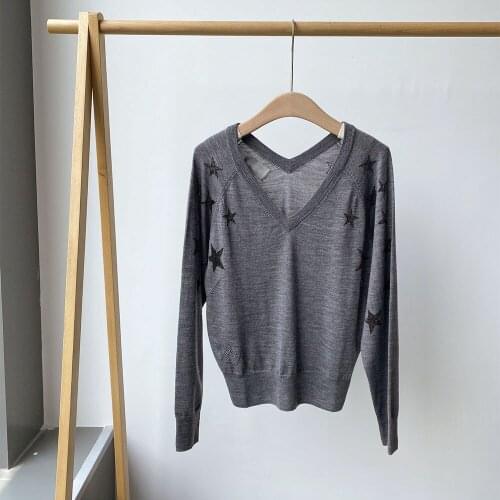 2021 Autumn and Winter New French Style Double V-neck Star Jacquard Thin Knit Sweater Women Loose Pullover