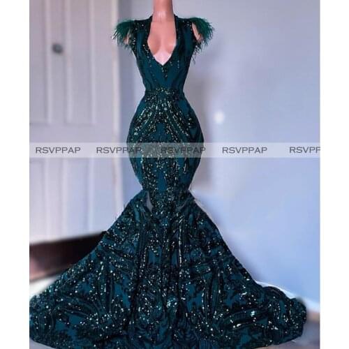 Dark Green Mermaid Prom Dresses 2020 Sparkly Glitter Sequin Real Picture V-neck Feathers African Girl Long Prom Gowns