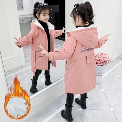 Winter Cotton And Polyester Fiber Girl Jacket Mid-Length Korean Version Of Solid Color Letters Hooded Casual Childrens Clothing