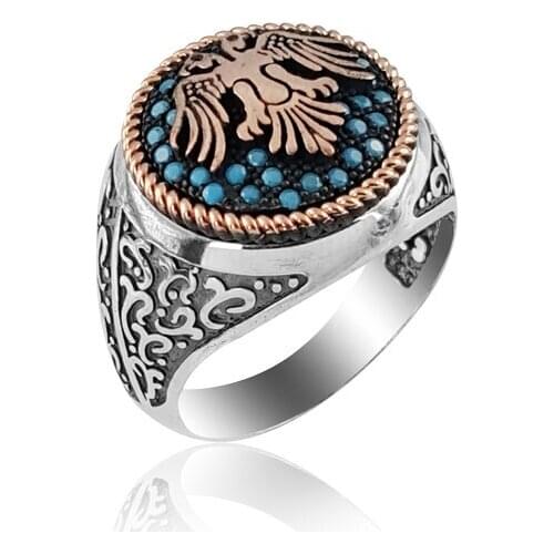 925 Silver Eagle Printed Ottoman Ring Kayi Ring Tribal Silver Ring for Men