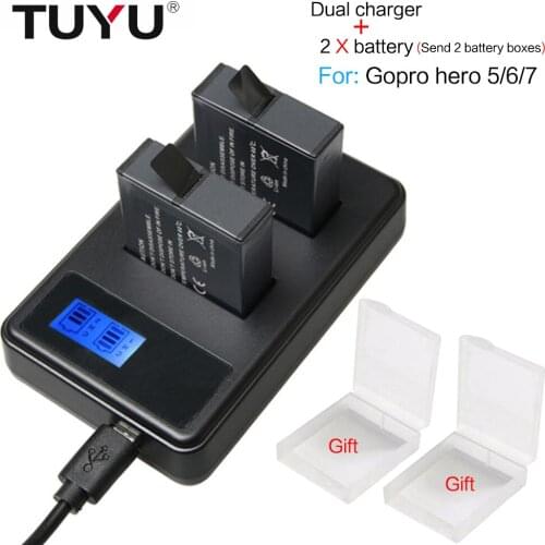 TUYU 2Pcs For GoPro Hero 5 6 7 Battery Batterie 1220mAh + LCD Dual USB Charger For GoPro Hero5 6 7 Black Camera Gopro 2018