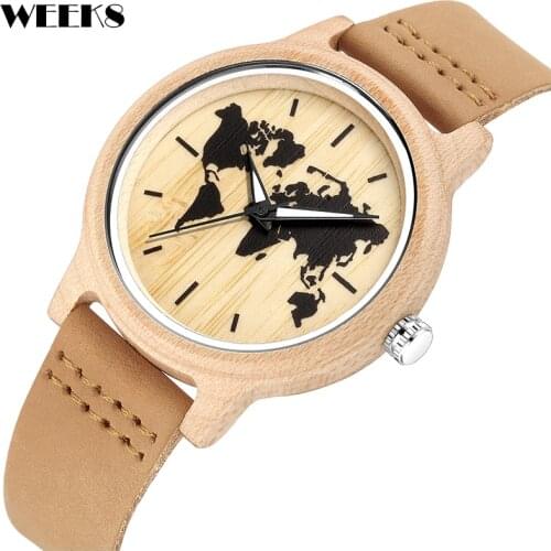 Natural Bamboo Wood Watch for Men Earth World Map Watches Leather Strap Quartz Wristwatch Wooden Mens Clock reloj de madera