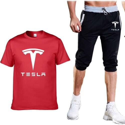 New Summer Mens T-shirt Tesla Car Logo Printed casual Cotton Crew neck Mens short sleeve+3/4 jogging shorts 2-piece set