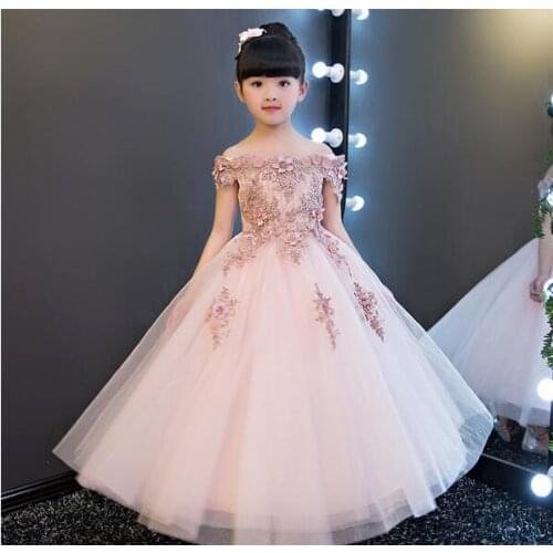 2017 Glizt Girls Shoulderless Wedding Dress Bead Appliques Party Tulle Princess Birthday Dress First Communion Gown for Girls