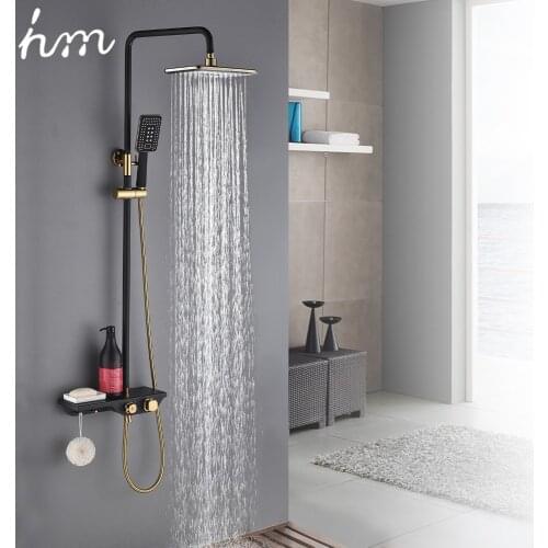 Hm Black Gold Faucet Shower System Bathroom Toilet Rack Thermostatic & Cold and Hot Mixer Big Shower Faucet Set Copper
