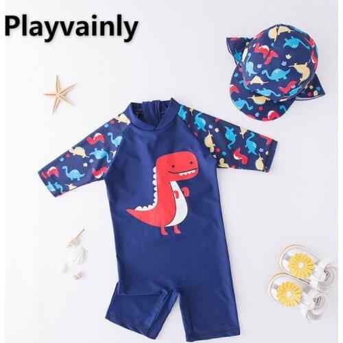 Baby Boys Swimming Wear Blue dinosaur Caroon One Piece Swimsuits with Hat Children Fashion Swimwear E71363