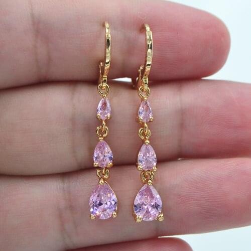 Fashion Jewelry Gold Color Lovely Pink CZ Zircon Teardrop Dangle Earrings for Women