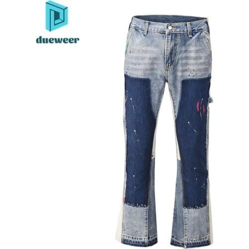 Dueweer Mens Splash Ink Ripped Flare Jeans Distressed Urban Streetwear Wide Leg Jeans Men Hip Hop Blue Slim Denim Pants