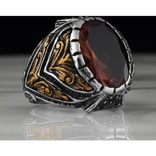 Real 925 Sterling Silver Ring For Men Red Natural Zircon Stone Gold Plated Jewelry Mens Accessories vintage Aqeq Gift All size