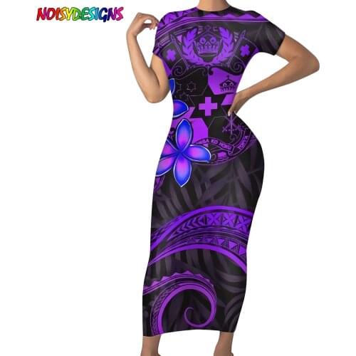 NOISYDESIGNS 2021 New Elegant Party Dress Short sleeve O Neck with Slim Samoan Hibiscus Polynesian Tribal Prints Pencil Dresses