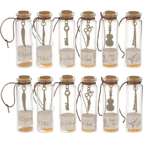 New Hot Sale 12Pcs Eco-Friendly Transparent Mini Glass Jars with Cork Stopper and Inside Punk Pendants DIY Home Decorations