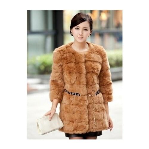 New genuine Rabbit fur coat women long three quarter sleeve fur overcoat winter fur jacket custom size Free shipping