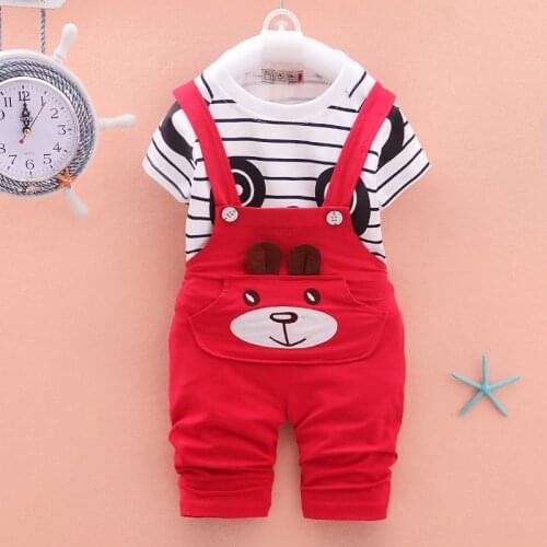 1-4 Age boy girls summer clothes two-piece cartoon print striped short-sleeved Sweatshirt T-shirt + strap pants quality clothing