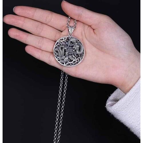 990 sterling Silver dragon & phoenix hollow Pendant charm tag Jewelry A4270