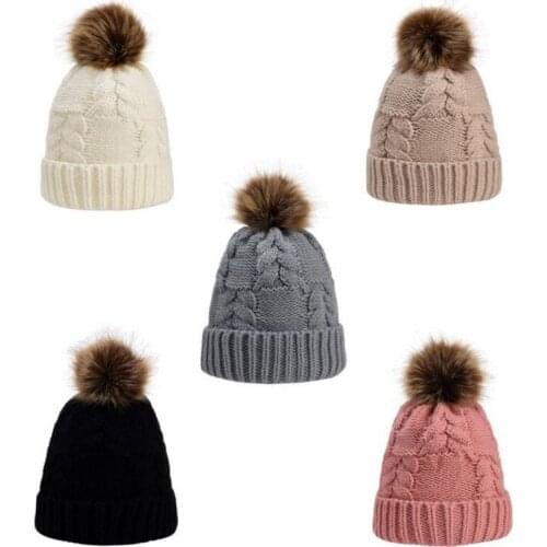 Fashion Warm Knitted Womens Hat Striped Winter Hats For Women Pink Fur Pompom Wool Beanies Thick Skullies Cap Faux Pom Pom Hat