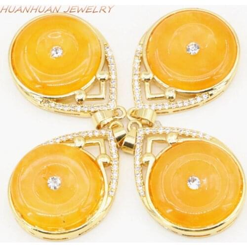 Charms Chain Necklaces & Pendants Yellow Natural Stone Jades Chalcedony Zircon Inlay Pendants Round Circle 23X32mm Jewelry B3353