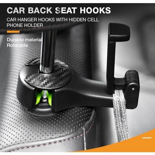 Back Hook 2 in 1 Car Headrest Hook with Phone Holder Seat Back Hanger for Bag Handbag Purse Grocery Cloth Foldble Clips Organiz