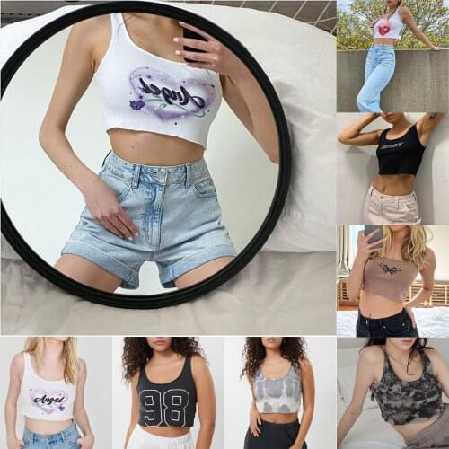 Ladies Summer New Sexy Midriff-baring Camisole, Girls Heart/Letter/Tie-dye Printing U-neck Sleeveless Tops Slim Base Shirt