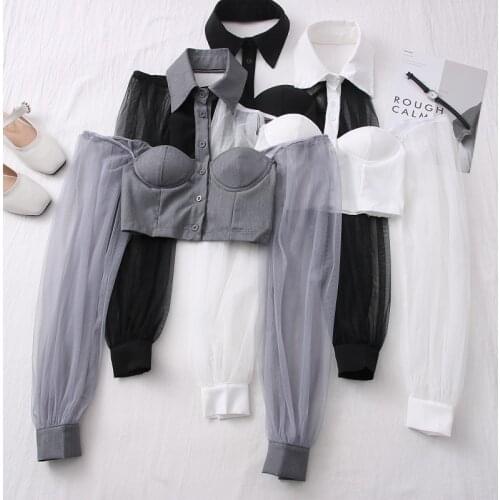 High street halter neck strapless puff sleeve shirt womens early autumn new design sense short navel all-match shirt women