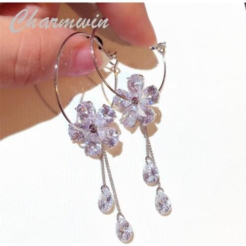 Charmwin New Fashion Hoop Earrings Long Earrings For Women Statement Cubic Zirconia Flower Tassel Earrings Women