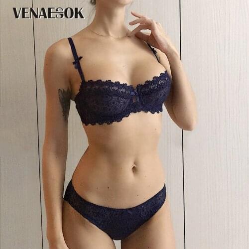 Women Sexy Underwear Set Ultrathin Bras Lace White Transparent Lingerie Set Plus Size Half Cup Bra and Panty Sets Brassiere Bow