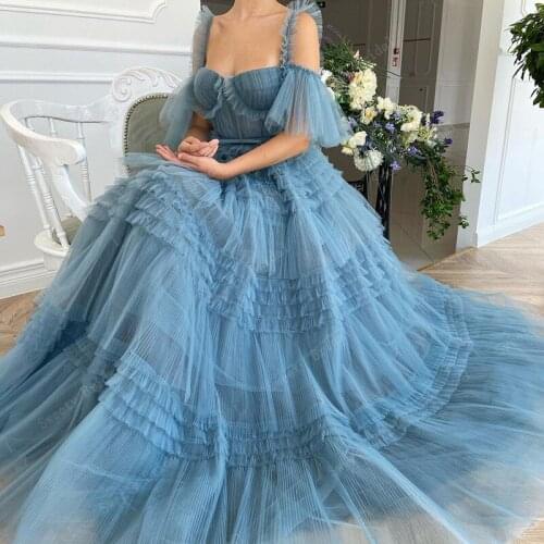 Dubai Blue Scoop Neck Pleated Tulle Evening Dress New Arrival A-Line Sleeveless Tiered Prom Dress Plus Size Long Party Gowns