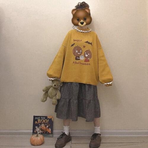 Winter Casual Japanese Lovely Lazy Oversize Teen Girl Sweater Halloween Cute Pumpkin Pattern Lantern Sleeve Loose Women Pullover