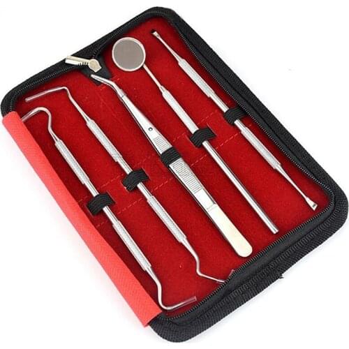 5pcs Stainless Steel Dental Scaler Tool Set Oral Clean Probe Tweezers Tool Kit Tooth Scraper Mirror Plaque Remover Dentist Tool
