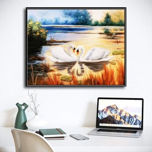 5D DIY diamond painting cross stitch two swans sunset landscape square rhinestone embroidery mosaic living room decoration gift