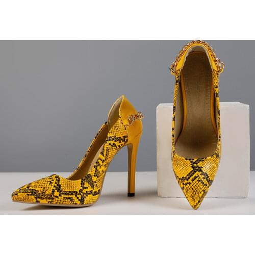 Autuspin Fashion Classics Super High Heels 11cm Women Pumps 2021 Spring PU Leather Serpentine Shoes Back Metal Chain Spike Heels