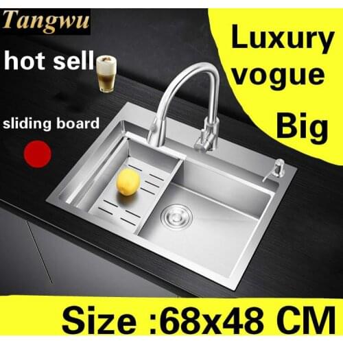 Free shipping Household big kitchen manual sink single trough vogue sliding board 304 stainless steel luxury hot sell 68x48 CM