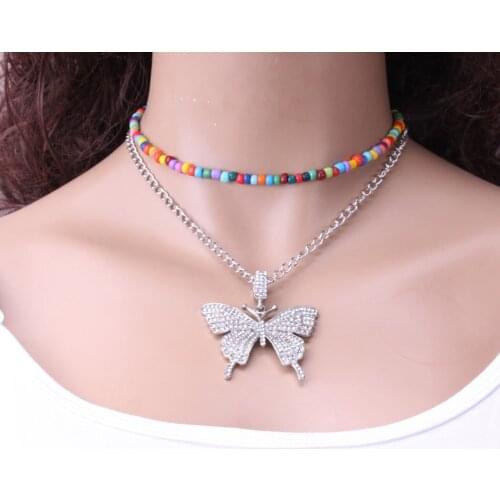 Double Layer Necklace Fashion Rhinestone Butterfly Pendant Chain Necklace Colorful Bead Necklace Jewelry Accessories