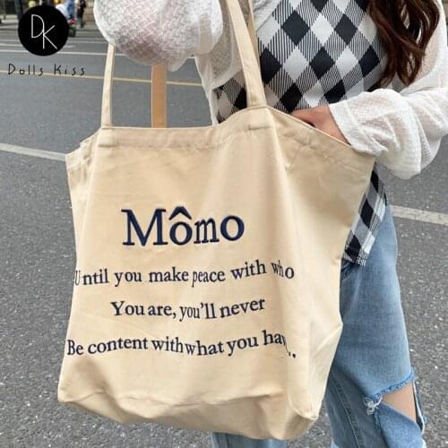 Ladies Canvas Eco Bag Female Momo Letter Embroidery Shoulder Bag Large Capacity Shopping Bag for Women Girl Travel Grocery Totes