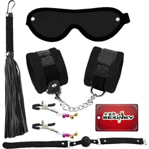 Erotic Sex Toys For Adult Game Black Faux Fur Erotic BDSM Sex Kits Bondage Handcuffs Sex Game Whip Gag Nipple Clamps SM BdsmToys