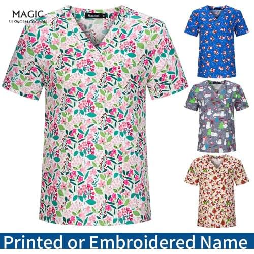 Women Short Sleeved T-shirt Nursing Workwear V-neck Uniform Tops Christmas Thanksgiving Tops Uniforms Pet Scrubs Working Clothes