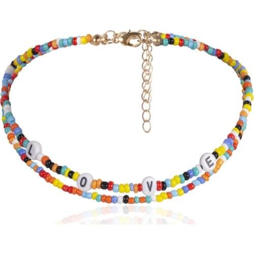 Fashion Simple 2 pcs Beads Necklace Mixed Color Rice Beads LOVE Choker 2 Layers Collar Chain for Women Sexy Icon Party Jewelry