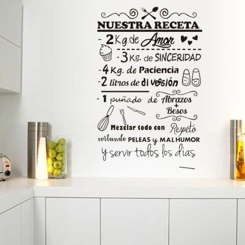 Spain Style Wall Sticker Spanish Recipe Decal Quote Nuestra Receta Art Mural Kitchen Wall Decor Restaurant Window Decoration