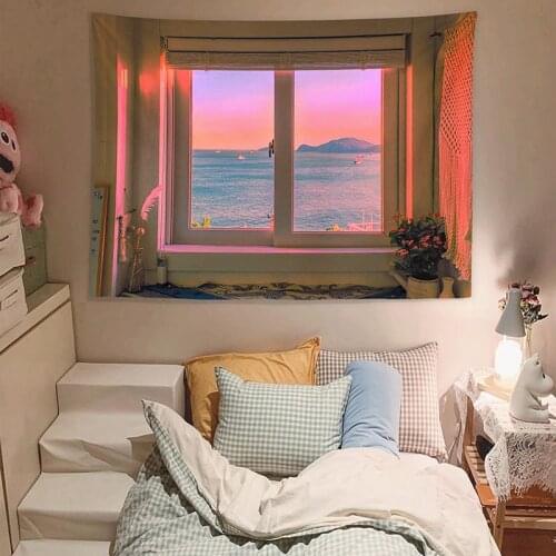 Sea Outside Window Tapestry Hippie Wall Hanging Starry Night Sky Moon Aesthetic Art Tapestries Psychedelic Wall Cloth Carpet