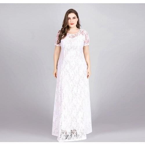 2020 New oversized hollowed out evening dress long skirt short sleeve big swing mid waist full lace commuter dress