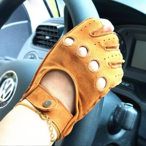 2018 New Summer Ladies Leather Gloves Sheepskin Suede Trend Half Finger Gloves Non-Slip Breathable Driving EL099