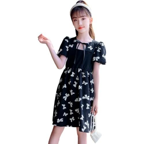 Girls Dress Bow Pattern Dress Girls Patchwork Child Dress Summer Costumes For Girls 6 8 10 12 14