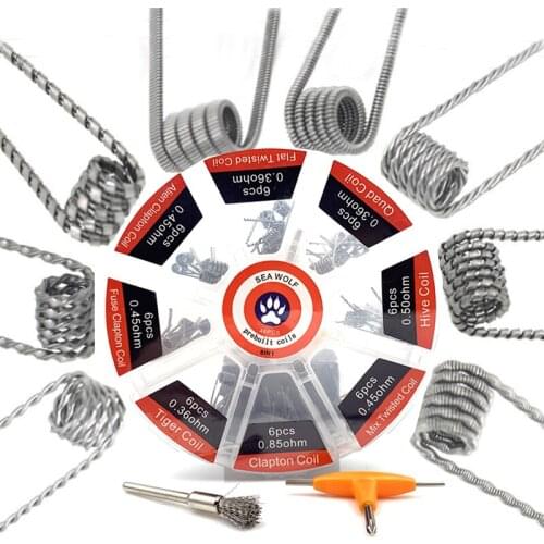 Prebuilt Coil 8 Styles Fused Alien Clapton Hive Quad Twisted Wire with Metal Brushes T Screwdriver for RDA DIY Bacon Cotton