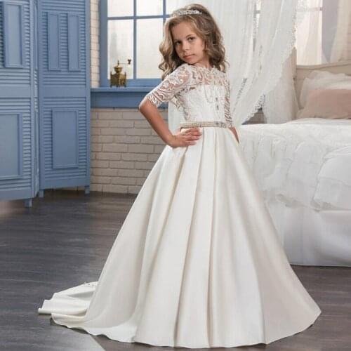 Luxurious Elegant Flower Girl Dresses Satin Half Sleeve Princess Lace Appliques Beaded belt Birthday Communion Dresses