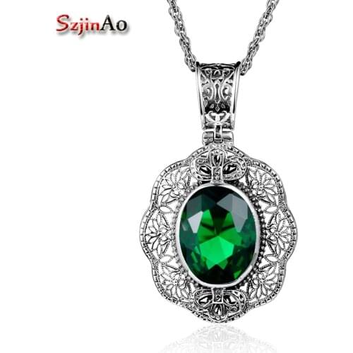 Szjinao Rose Shape 925 Sterling Silver Necklace & Pendant Vintage Emerald Maxi Choker Statement Boho Big Fashion Women Jewellery