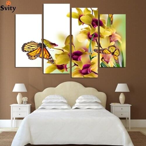 Unframe 4 Panels The beautiful butterfly and orchid Picture HD Canvas Print Painting Artwork Wall Art Canvas painting Wholesale