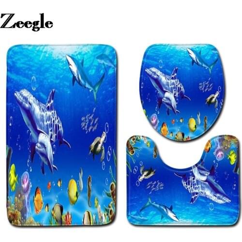Sea World Printed Bath Mat Home Decoration Washable Toilet Seat Cover Mat Memory Foam Anti-slip Shower Foot Rug Set