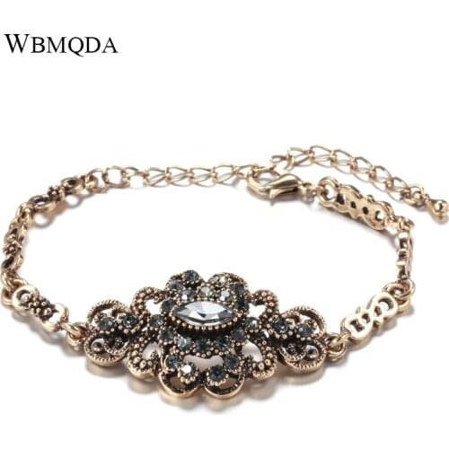 Wbmqda Boho Grey Crystal Bracelet for Women Antique Gold Ethnic Crystal Flower Cuff Bracelets Statement Vintage Jewelry Gift